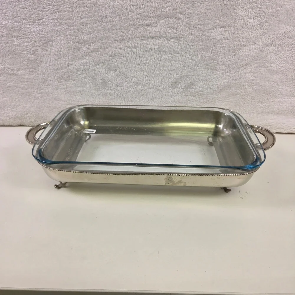 Georgian Rectangular Silver Plated Chafing Dish Frame with Glass Pyrex Insert
